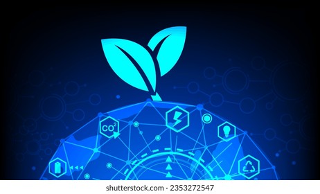 Abstract blue planet Earth with green plant sprout over it. Low poly style design.Eco technology or environmental technology concept with environment Icons over the network connection. vector design
