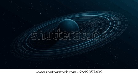 Abstract blue planet Saturn with ring around and shining stardust. Scientific presentation backdrop for online conference. Black outer space concept. Cosmic Science background. Vector illustration
