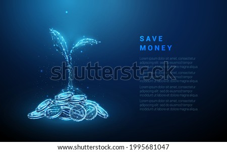 Abstract blue plant growing from coins pile. Making money concept. Low poly style design. Blue geometric background. Wireframe light connection structure. Modern 3d graphic. Vector illustration.
