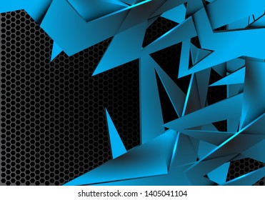 Abstract blue polygon overlap on grey metallic hexagon mesh pattern design modern futuristic background vector illustration.