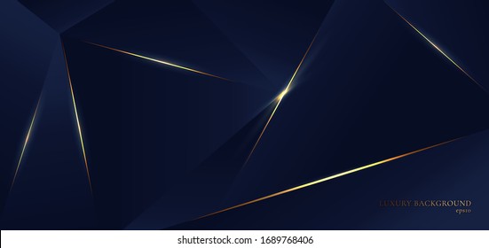 Triângulos de polígono azul abstrato forma de fundo com linha dourada e estilo de luxo de efeito de iluminação. Ilustração vetorial