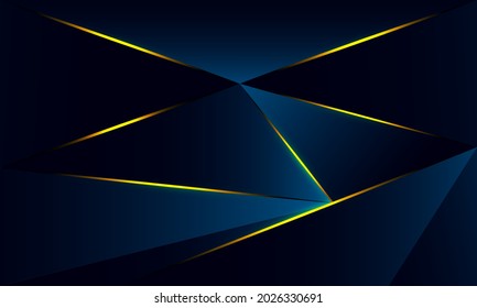 Abstract blue polygon triangles shape pattern background with golden line and lighting effect luxury style. Illustration Vector design digital technology concept.