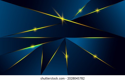 Abstract blue polygon triangles shape pattern background with golden line and lighting effect luxury style. Illustration Vector design digital technology concept.