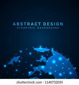 Abstract blue polygonal background with connecting dots and lines. Data and technology concept, world map, network connection