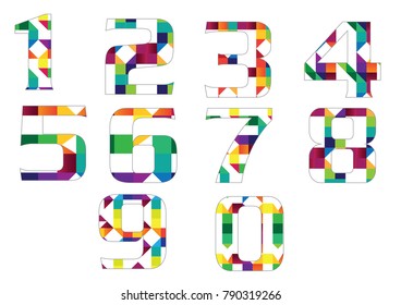 Abstract blue polygonal numbers for 1,2,3,4,5,6,7,8,9,0 with texture of starry sky or space universe. Vector illustration of wireframe numbers consisting of polygons. Can be adapt to Brochure, Annual.
