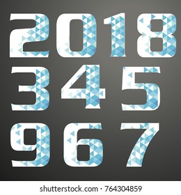 Abstract blue polygonal numbers for New Year 2018 with texture of starry sky or space universe. Vector illustration of wireframe numbers consisting of polygons.

