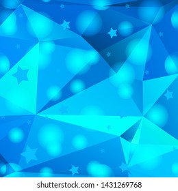 Abstract blue polygonal triangle background with snowflakes and stars. Decorative texture for design.