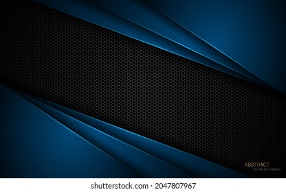 Resumen de poliedro azul solapado sobre fondo de malla de acero oscuro con espacio para el diseño de texto. antecedentes de concepto de innovación tecnológica moderna
