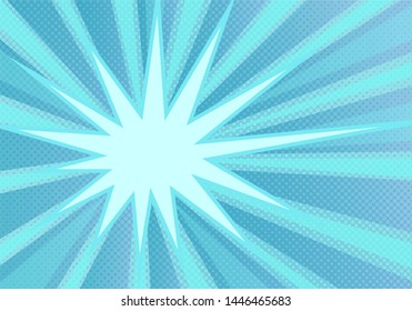 Abstract blue pop art background with  azure rays and halftone dots. Retro vector illustration, vintage drawing. Comic cartoon style.