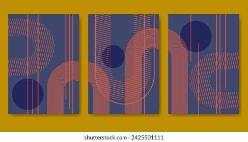 Abstract blue poster with geometric arch shapes. Stripes and lines vector illustration set.