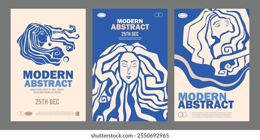 Abstract blue poster template of woman with long hair, modern art deco, contemporary and artsy for topics relate to sea, ocean, beauty, exhibition and more