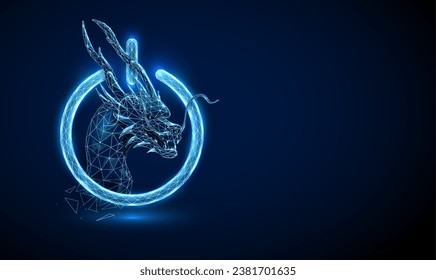 Abstract blue power button with Chinese dragon head inside. Happy  New Year greeting card. Low poly style design. Geometric background. Wireframe light connection structure. Modern 3d graphic. Vector.