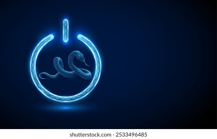 Abstract blue power button with snake inside. Animal chinese symbol of the year.  Low poly style. Abstract geometric background. Wireframe light connection structure. Modern 3d graphic concept. Vector