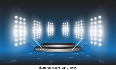 Abstract blue product showcase background stadium stage hall with scenic lights of round futuristic technology user interface Blue vector lighting empty stage spotlight background.