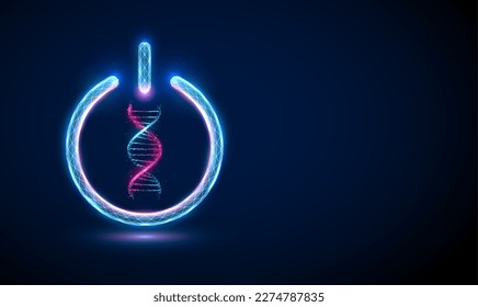 Abstract blue and purple 3d DNA molecule helix in power button. Gene editing genetic biotechnology engineering concept. Low poly style. Geometric  graphic wireframe light connection structure. Vector 