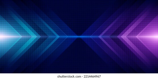 Abstract blue and purple arrow glowing with lighting and line grid on blue background technology hi-tech concept. Vector illustration