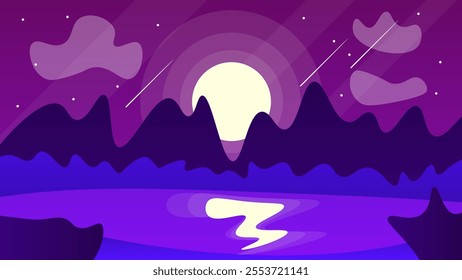 Abstract Blue Purple Dark Landscape Background Banner Mountains Sunset Lake Stars  Night Sky Vector Design