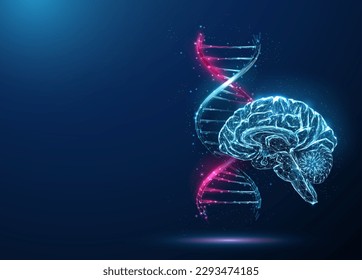 Abstract blue and purple DNA molecule helix and brain. Genetic biotechnology engineering concept. Low poly style design. Geometric background. Wireframe light graphic connection structure. Vector