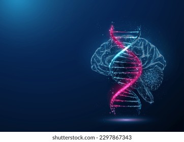 Resumen de la molécula de ADN azul y púrpura, helix y cerebro. Concepto de ingeniería genética en biotecnología. Diseño de bajo estilo polaco. Fondo geométrico. Estructura de conexión gráfica de la luz del marco de cables. Vector