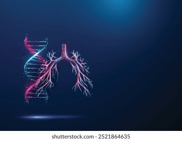 Hélice de molécula de ADN azul y púrpura Abstractas y árbol bronquial. Concepto de ingeniería de biotecnología genética Baja poli tecnología futurista estilo digital Fondo geométrico. Estructura de alambre. Vector