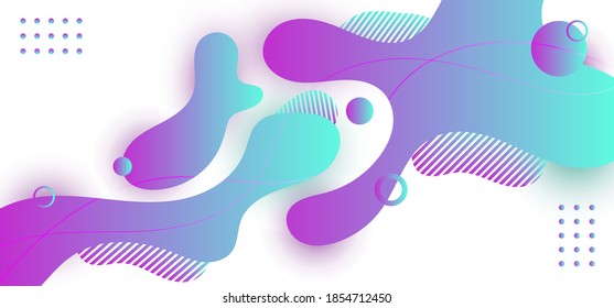 Resumen de la forma de gradiente líquido o fluido azul y púrpura con elementos de círculos aislados sobre fondo blanco. Ilustración del vector