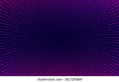 Abstract blue purple glowing halftone glittering effect with dot radial pattern and glowing lights on dark background. Modern futuristic technology concept. Vector illustration