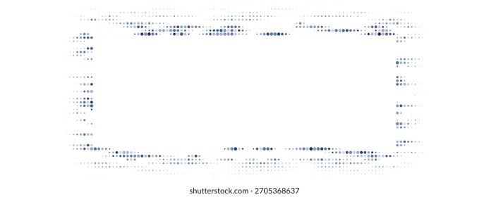 Abstractas patrón de punto de semitono azul y púrpura que forma un marco rectangular sobre un fondo blanco, concepto de tecnología digital.