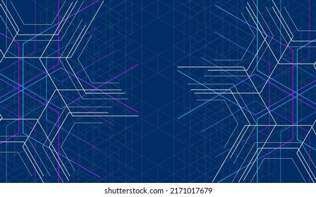 abstraktes, blaues violettes Sechseck, Netz- oder Elektrobild, geometrischer maritimer Texturhintergrund, wissenschaftliche Technologie, Ingenieurkonzept