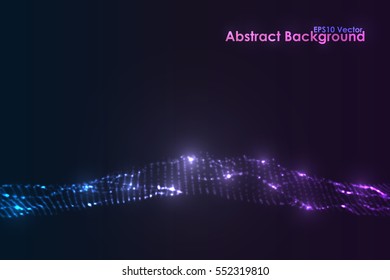 Abstract blue and purple horizontal particles flow vector background with dark copy space.