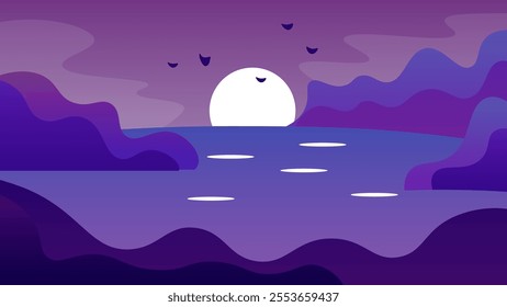 Abstract Blue Purple Landscape Background Banner Mountains Sunset Birds Clouds Sea Vector Design