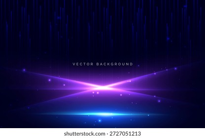 Abstractas rayo de luz azul y púrpura con líneas de Vertical elemento de patrón sobre fondo oscuro. Concepto de movimiento de velocidad. Ilustración vectorial