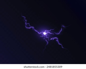 Abstract blue purple lightning effect, bright light effect PNG. Lightning energy discharge effect isolated on dark background for web design and illustrations.