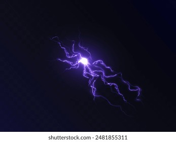 Abstract blue purple lightning effect, bright light effect PNG. Lightning energy discharge effect isolated on dark background for web design and illustrations.