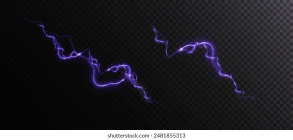 Abstract blue purple lightning effect, bright light effect PNG. Lightning energy discharge effect isolated on dark background for web design and illustrations.