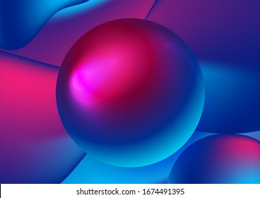 Abstract blue and purple liquid wavy shapes futuristic background with glossy sphere. Glowing retro vector design