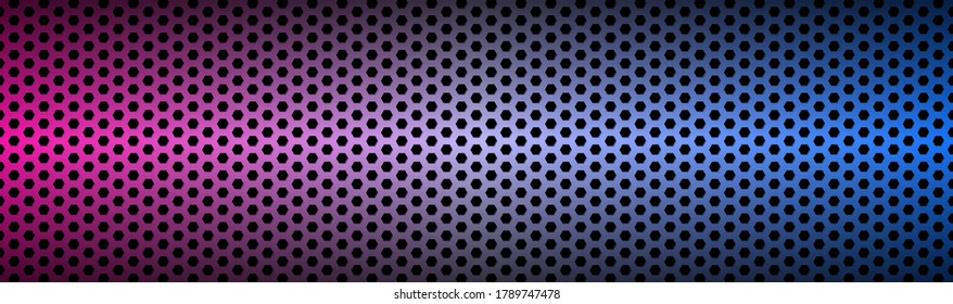 Abstract blue and purple neon geometric hexagonal mesh material header. Perforated metallic technology banner. Vector abstract widescreen background