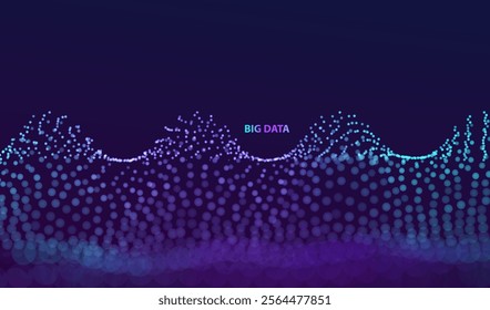 Abstract blue and purple particle background. Wave with flowing dotted landscape. Big data ai connect structure. Grid mesh futuristic style. Pattern point graph vector technology.