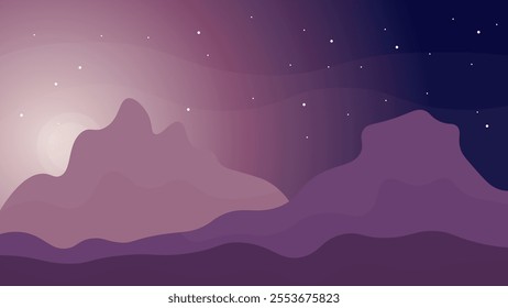 Abstract Blue Purple Pink Landscape Background Banner Mountains Sunset  Night Sky Stars Vector Design