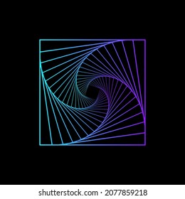 Abstract blue and purple square spirograph twisted wireframe tunnel shapes logo ethnic on the black background. Vector illustration.
