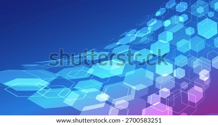 Abstract blue and purple technology background with transparent hexagons in motion. Futuristic geometric design for innovation, science, and digital concepts.
