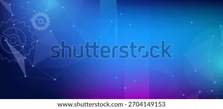Abstract blue and purple technology background featuring a connected network of dots and lines with subtle gear outlines, representing innovation, data, and digital connection for modern concepts.