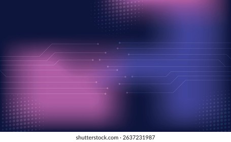 Abstract blue and purple technology with halftones and fiber optics circuit lines.Vector illustration.