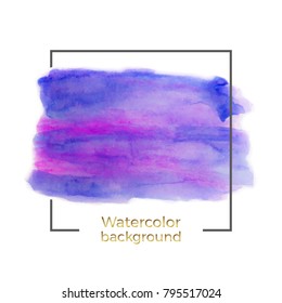 Abstract blue, purple watercolor on the white background, splash with square frame, Abstract of fluid ink, acrylic dry brush strokes, stains, spots. 
Background for design, sale banner, flyer, poster