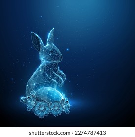 Abstraktes blaues Kaninchen mit Ostereier und Frühlingsblumen. Osterhase. Low-Poly-Design. Abstrakter geometrischer Hintergrund. Verbindungsstruktur für die Wireframe-Beleuchtung. Modernes 3D-Grafikkonzept. Vektorgrafik.