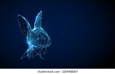 Abstract blue rabbit head. 2023 animal symbol of the year. Low poly style design. Abstract geometric background. Wireframe light connection structure. Modern 3d graphic concept. Vector illustration