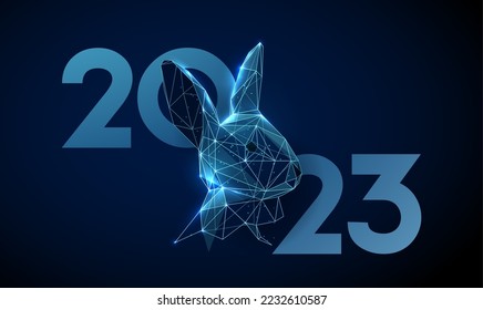 Abstract blue rabbit head with number 2023. Animal symbol of the year. Low poly style design. Abstract geometric background. Wireframe light connection structure. Modern 3d graphic concept. Vector ill