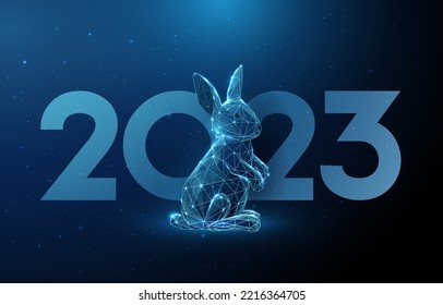 Abstract blue rabbit and number 2023. Animal symbol of the year. Low poly style design. Geometric background. Wireframe light connection structure. Modern 3d graphic concept. Vector illustration