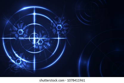 Abstract blue radar, target, shooting range with bullet hole digital technology concept.