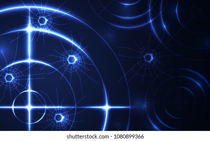 Abstract blue radar, target, shooting range with bullet hole digital technology concept.