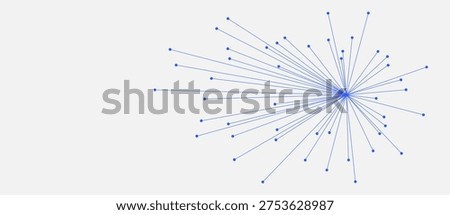 Abstract blue radial lines with dots in burst form. Minimalist vector illustration of a technical network hub, data visualization, or digital connectivity. Graphic for web and print design.